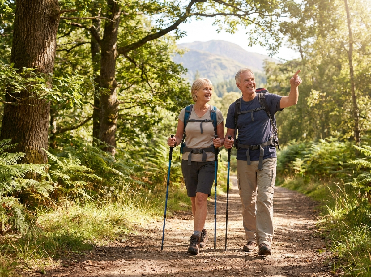 Couple senior actif en randonnée, mobilité et confort articulaire